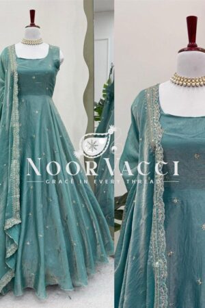 Shop Fandy Silk Eid Special Gown Set with Cutwork Dupatta