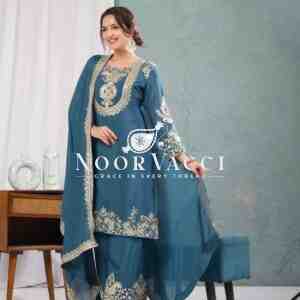 Gorgeous Chinnon Silk Suit with Embroidery Coding Sequence & Pant Set