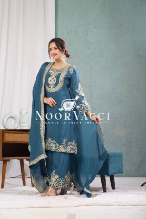 Buy Gorgeous Chinnon Silk Suit with Embroidery Coding Sequence & Pant Set