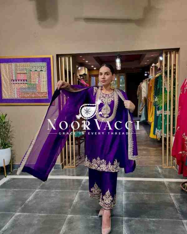 Gorgeous Chinnon Silk Suit with Embroidery Coding Sequence & Pant Set - Image 2