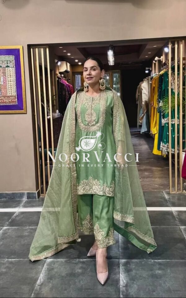 Shop Gorgeous Chinnon Silk Suit with Embroidery Coding Sequence & Pant Set