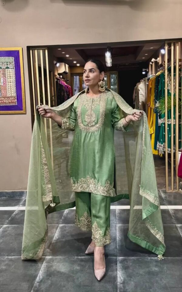 Shop Gorgeous Chinnon Silk Suit with Embroidery Coding Sequence & Pant Set - Image 2