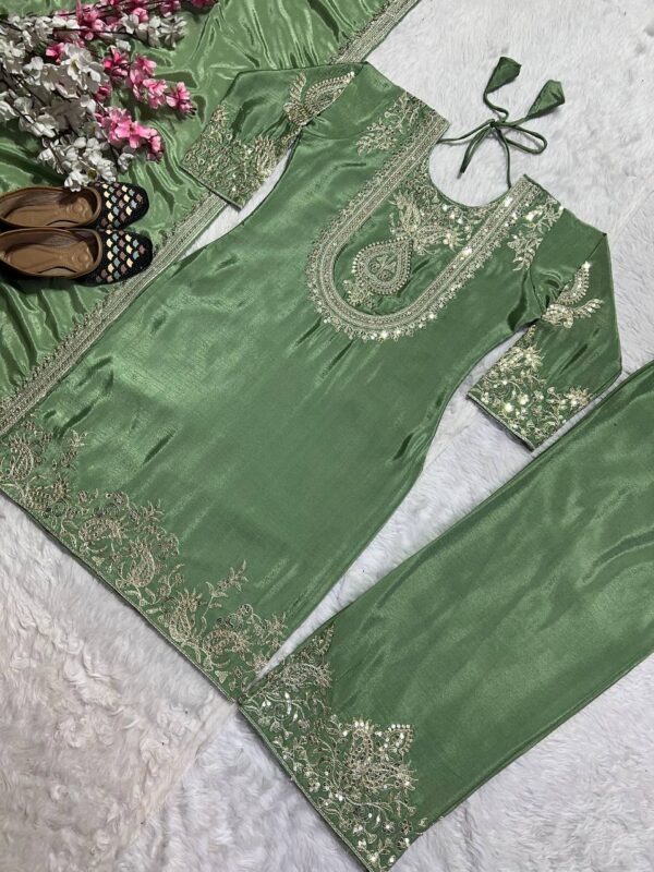Shop Gorgeous Chinnon Silk Suit with Embroidery Coding Sequence & Pant Set - Image 5