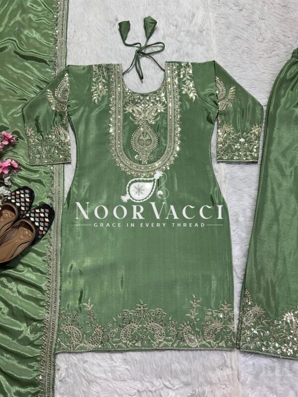 Shop Gorgeous Chinnon Silk Suit with Embroidery Coding Sequence & Pant Set - Image 6