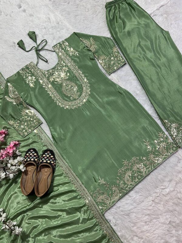 Shop Gorgeous Chinnon Silk Suit with Embroidery Coding Sequence & Pant Set - Image 3