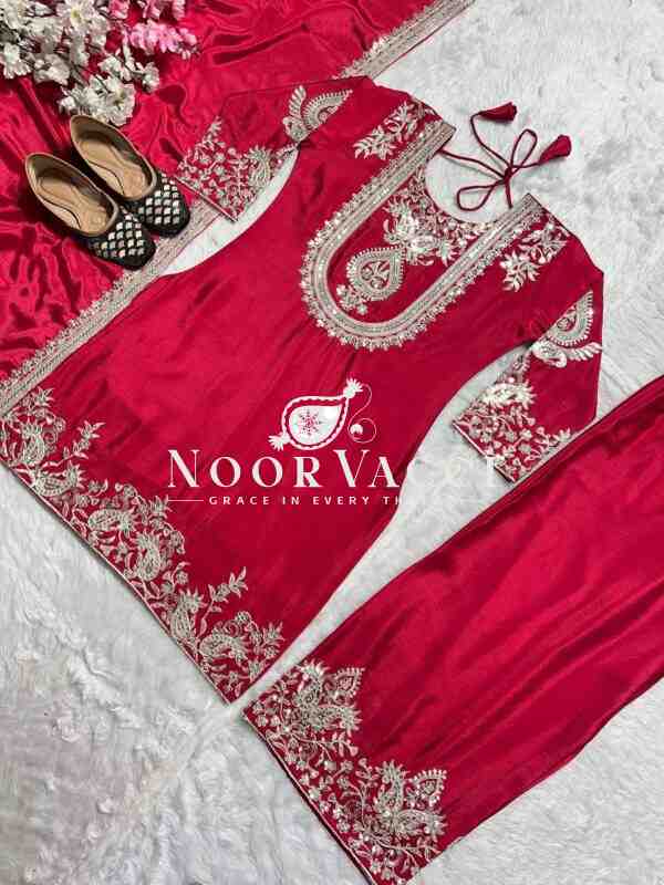 Gorgeous Chinnon Silk Suit with Embroidery Coding Sequence & Pant Set - Image 2