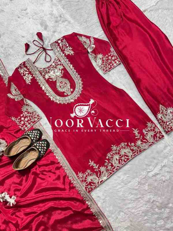 Gorgeous Chinnon Silk Suit with Embroidery Coding Sequence & Pant Set - Image 3