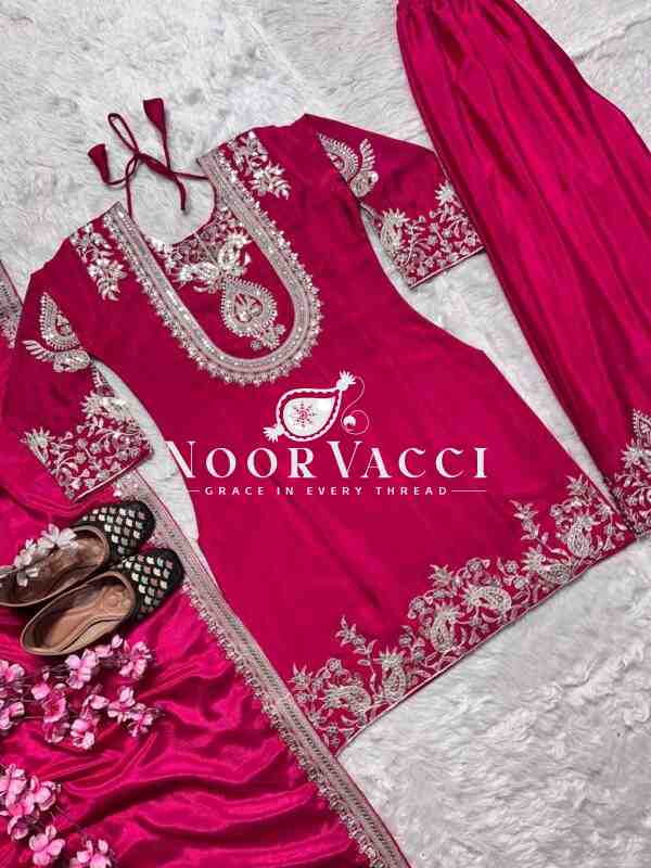 Gorgeous Chinnon Silk Suit with Embroidery Coding Sequence & Pant Set - Image 3