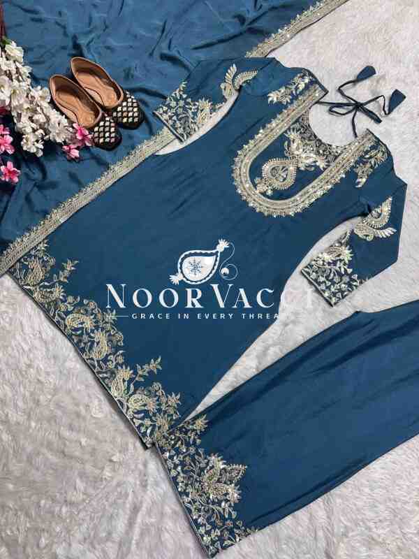 Gorgeous Chinnon Silk Suit with Embroidery Coding Sequence & Pant Set - Image 4