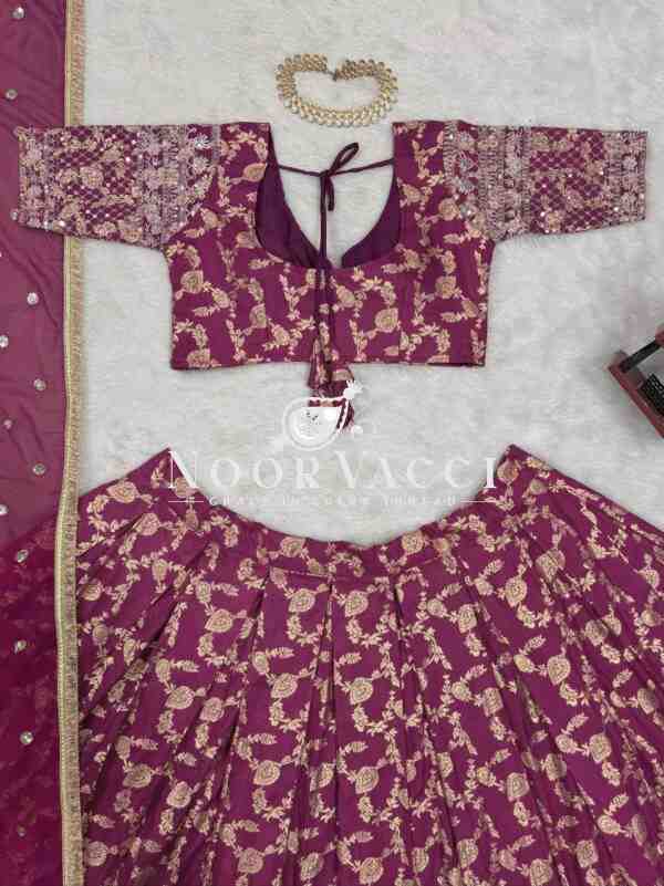 Semi-Stitched Jacquard Lehenga Set with Thread and Sequin Embroidery and Fancy Lace Dupatta - Image 8