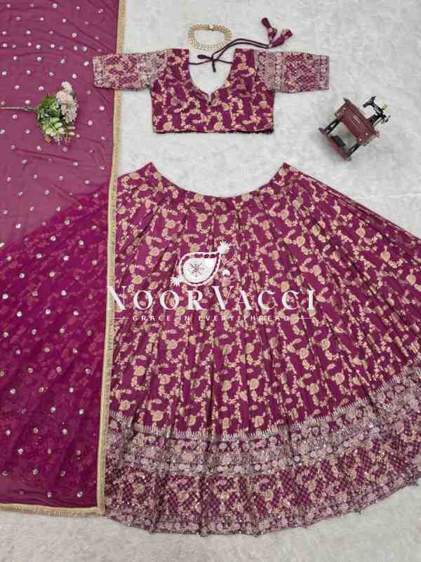 Semi-Stitched Jacquard Lehenga Set with Thread and Sequin Embroidery and Fancy Lace Dupatta - Image 9