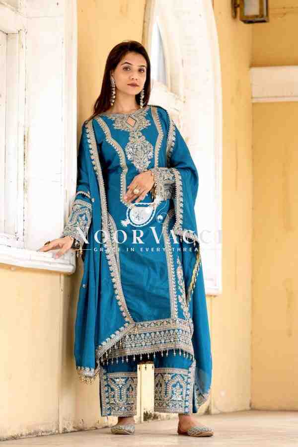 Chinon Silk Embroidered Plazzo Set with Tassel Dupatta - Image 2