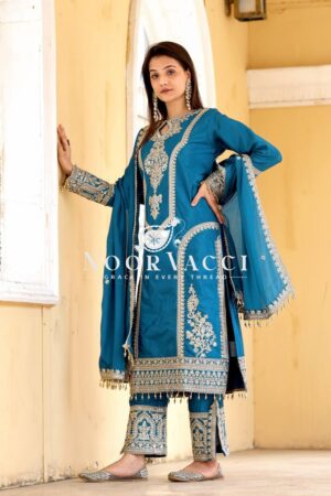 Buy Chinon Silk Embroidered Plazzo Set with Tassel Dupatta