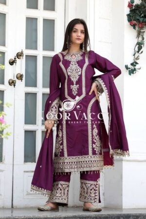 Shop Chinon Silk Embroidered Plazzo Set with Tassel Dupatta