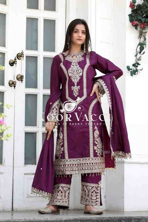 Chinon Silk Embroidered Plazzo Set with Tassel Dupatta