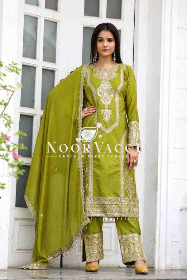 Chinon Silk Embroidered Plazzo Set with Tassel Dupatta