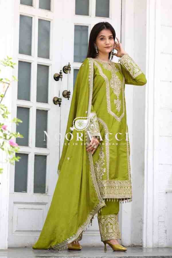 Chinon Silk Embroidered Plazzo Set with Tassel Dupatta - Image 2