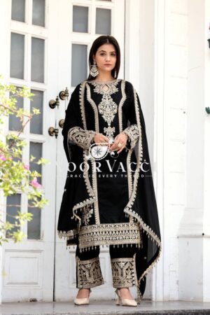 Shop Chinon Silk Embroidered Plazzo Set with Tassel Dupatta