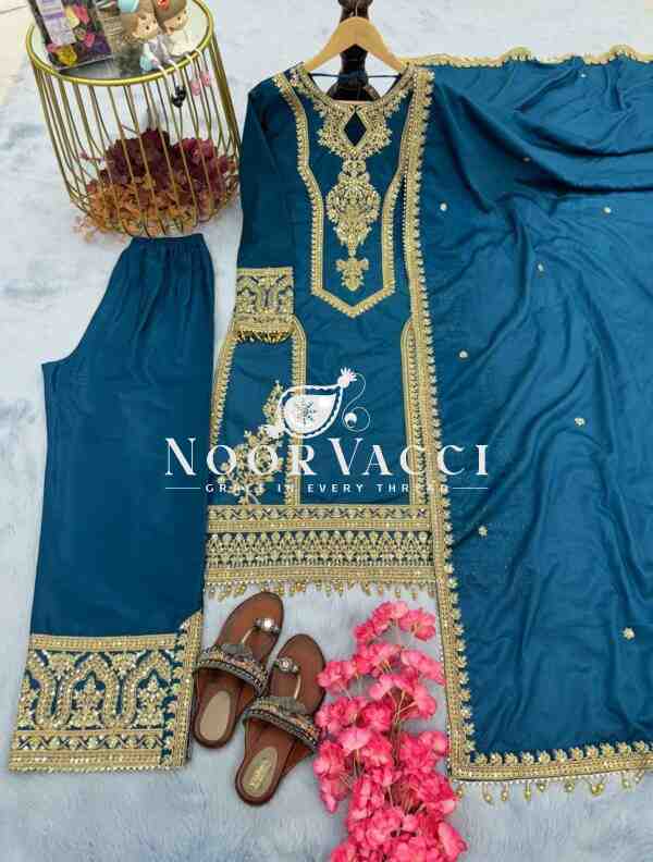 Chinon Silk Embroidered Plazzo Set with Tassel Dupatta - Image 3