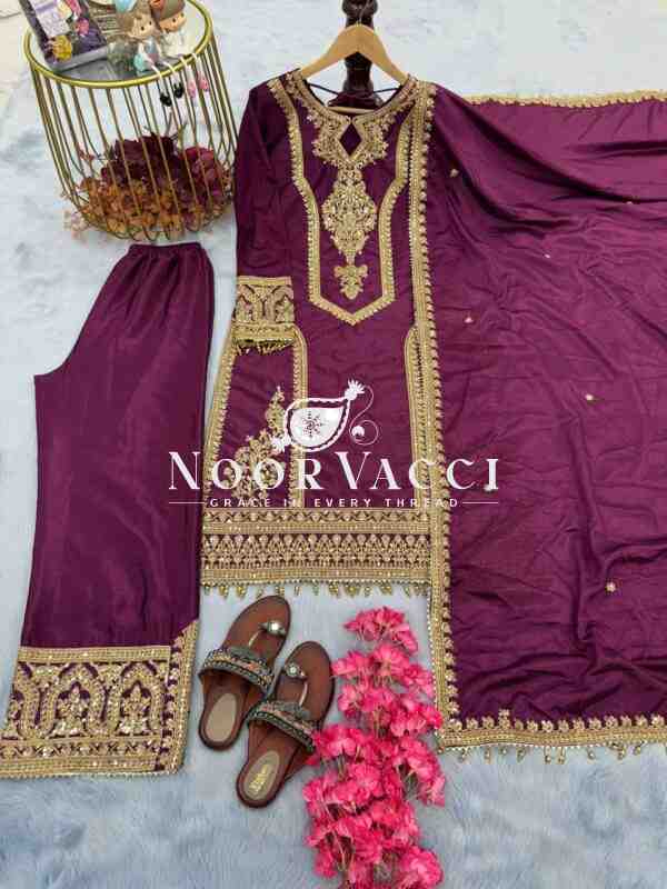 Chinon Silk Embroidered Plazzo Set with Tassel Dupatta - Image 3