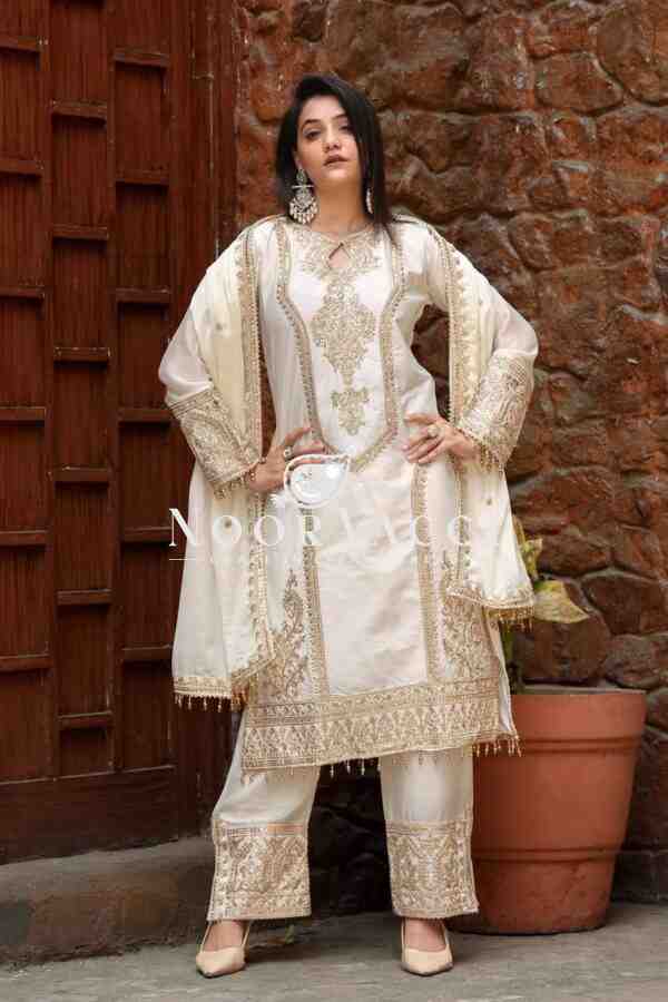 Chinon Silk Embroidered Plazzo Set with Tassel Dupatta