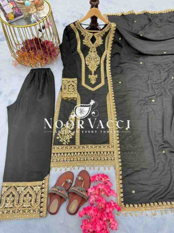 Chinon Silk Embroidered Plazzo Set with Tassel Dupatta - Image 2