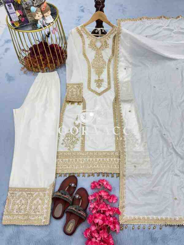 Chinon Silk Embroidered Plazzo Set with Tassel Dupatta - Image 4