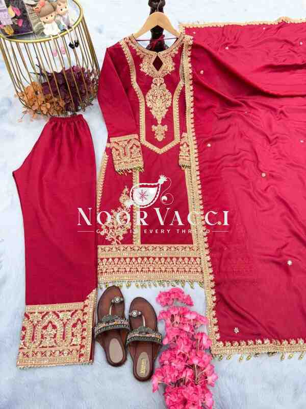 Chinon Silk Embroidered Plazzo Set with Tassel Dupatta - Image 2
