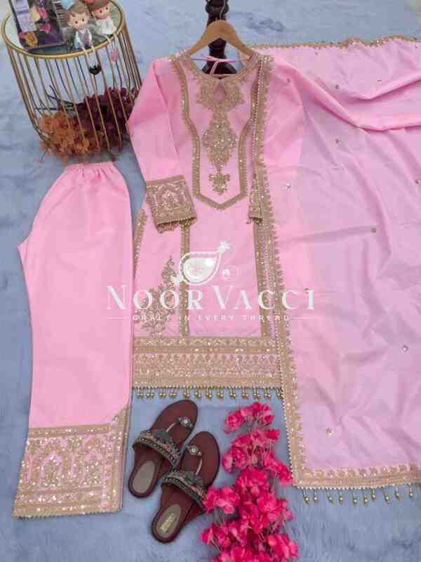Chinon Silk Embroidered Plazzo Set with Tassel Dupatta - Image 2