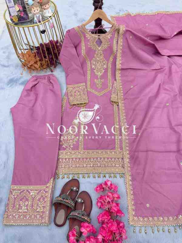 Chinon Silk Embroidered Plazzo Set with Tassel Dupatta - Image 2