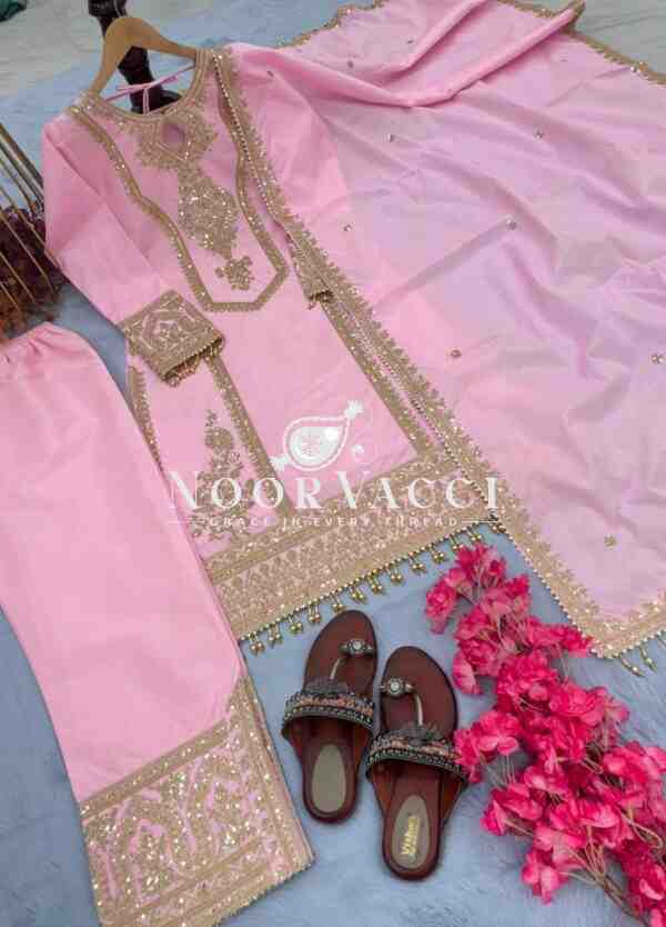 Chinon Silk Embroidered Plazzo Set with Tassel Dupatta - Image 3