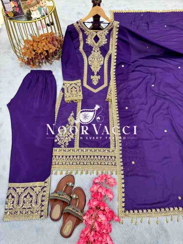 Chinon Silk Embroidered Plazzo Set with Tassel Dupatta - Image 2