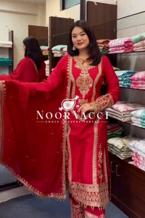 Shop Chinon Silk Embroidered Plazzo Set with Tassel Dupatta