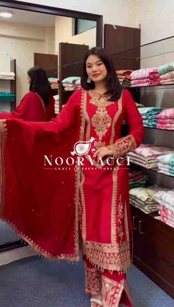 Chinon Silk Embroidered Plazzo Set with Tassel Dupatta