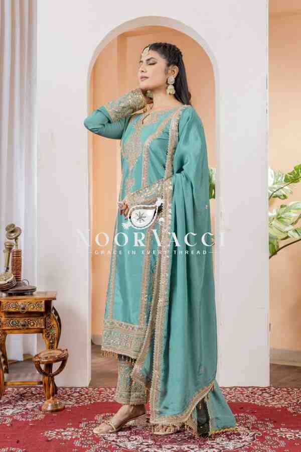 Chinon Silk Embroidered Plazzo Set with Tassel Dupatta - Image 2