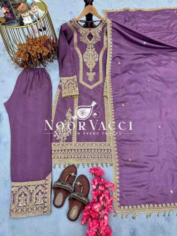 Chinon Silk Embroidered Plazzo Set with Tassel Dupatta - Image 3