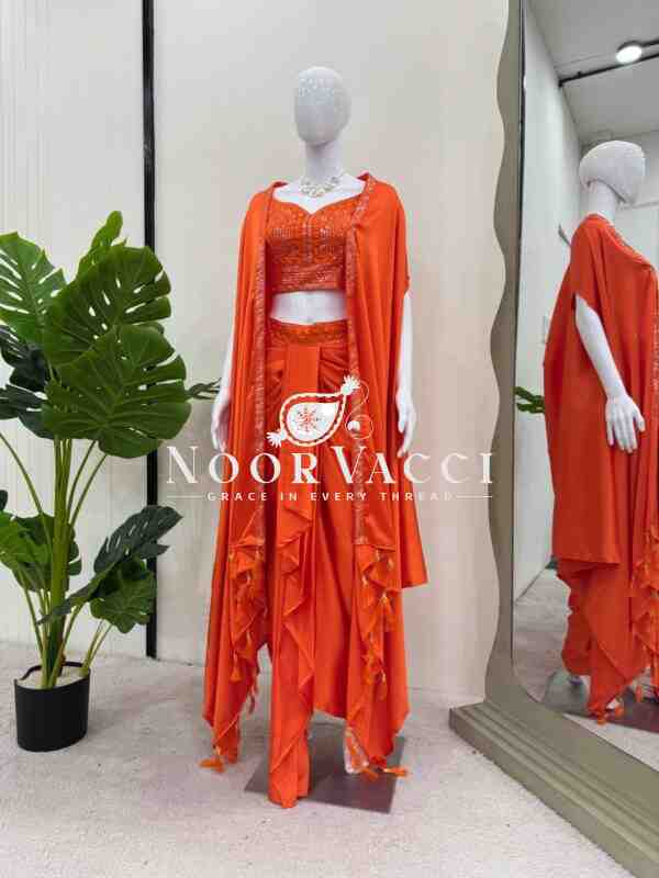Ready to Wear Satin Silk Dhoti Style with Shrug and Unstitched Choli - Image 4