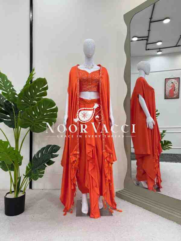 Ready to Wear Satin Silk Dhoti Style with Shrug and Unstitched Choli - Image 5