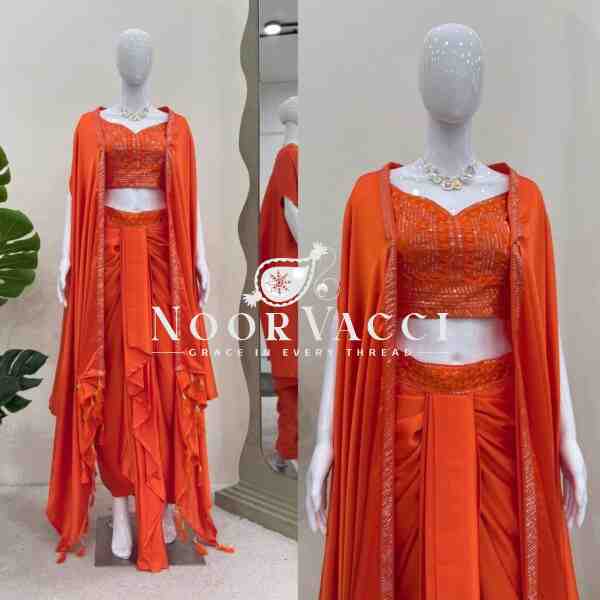 Ready to Wear Satin Silk Dhoti Style with Shrug and Unstitched Choli - Image 3