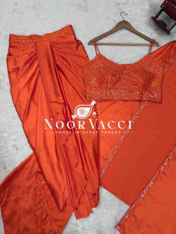 Ready to Wear Satin Silk Dhoti Style with Shrug and Unstitched Choli - Image 7