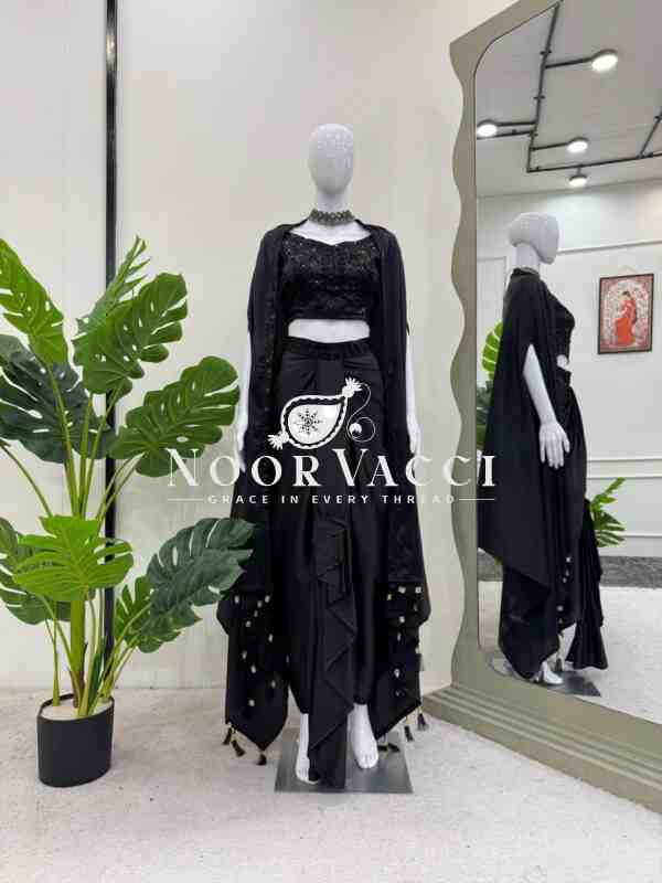 Ready to Wear Satin Silk Dhoti Style with Shrug and Unstitched Choli - Image 3