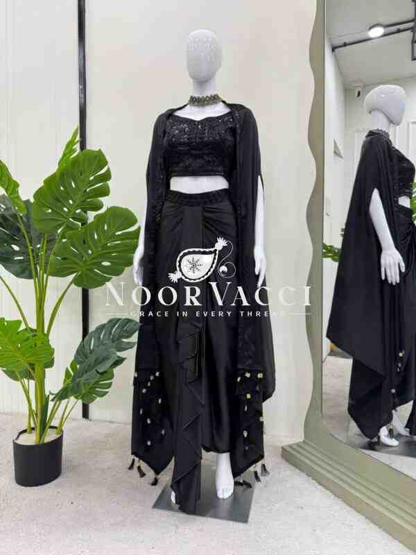 Ready to Wear Satin Silk Dhoti Style with Shrug and Unstitched Choli - Image 4