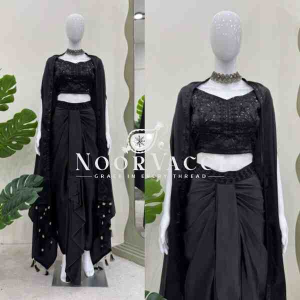Ready to Wear Satin Silk Dhoti Style with Shrug and Unstitched Choli - Image 6