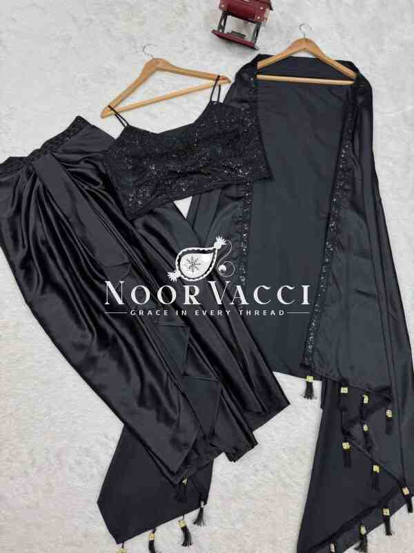 Ready to Wear Satin Silk Dhoti Style with Shrug and Unstitched Choli - Image 9