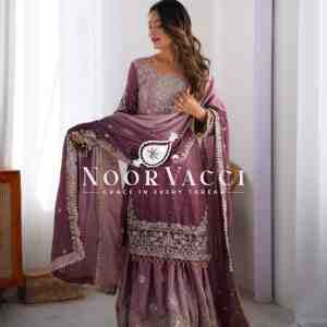 Chinon Silk Sharara Plazo Set with Rivet Moti & Sequin Embroidery
