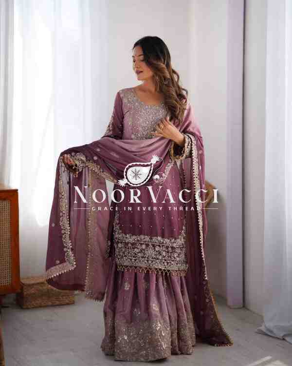 Chinon Silk Sharara Plazo Set with Rivet Moti & Sequin Embroidery