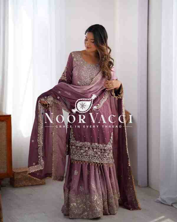 Chinon Silk Sharara Plazo Set with Rivet Moti & Sequin Embroidery - Image 5