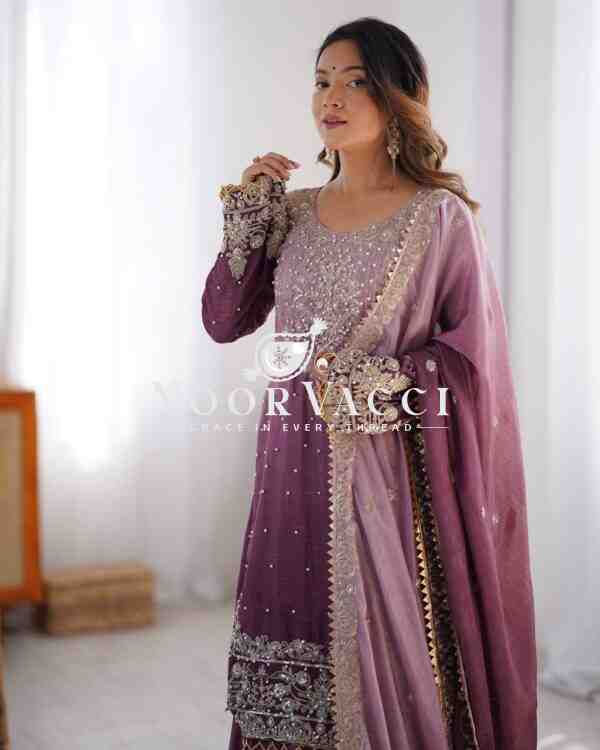 Chinon Silk Sharara Plazo Set with Rivet Moti & Sequin Embroidery - Image 3