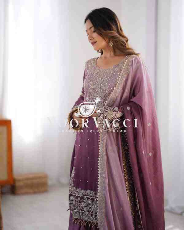 Chinon Silk Sharara Plazo Set with Rivet Moti & Sequin Embroidery - Image 2