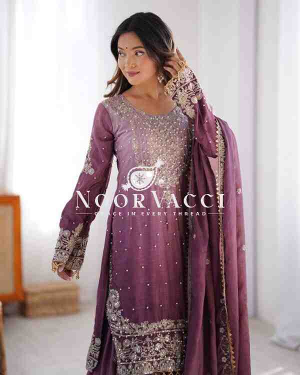 Chinon Silk Sharara Plazo Set with Rivet Moti & Sequin Embroidery - Image 4